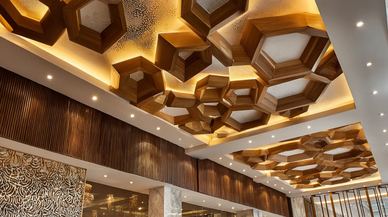 modern l-shaped false ceiling design hall with wooden hexagons