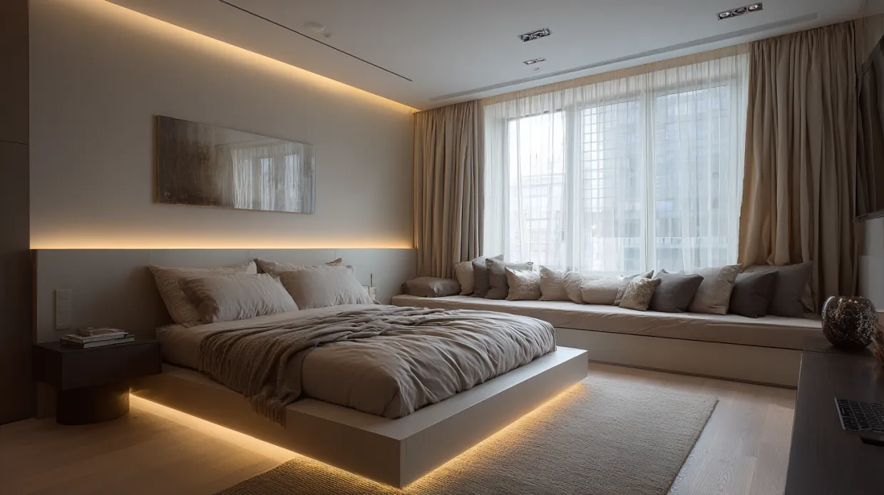 layered lighting master bedroom design with modern ambience