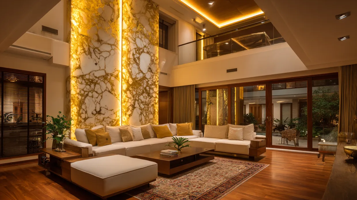 double height living room with layered lighting including chandeliers, wall sconces, and recessed lights