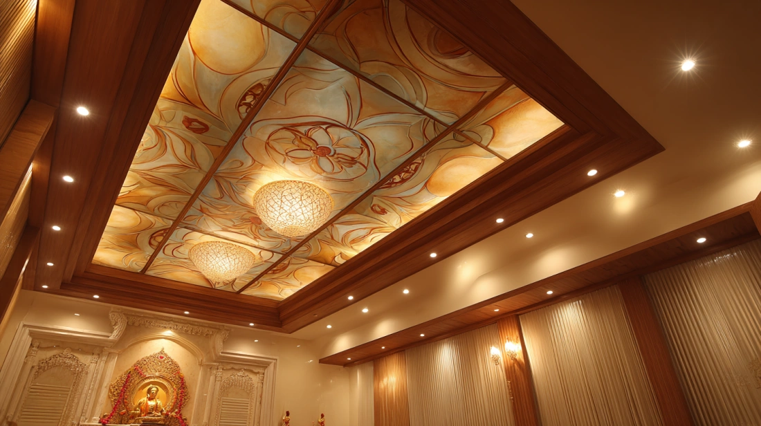 Multi-level tray ceiling with complex layered light effects