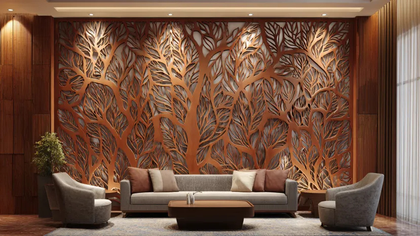Large wooden CNC wall panel with a tree and leaf motif in a living room