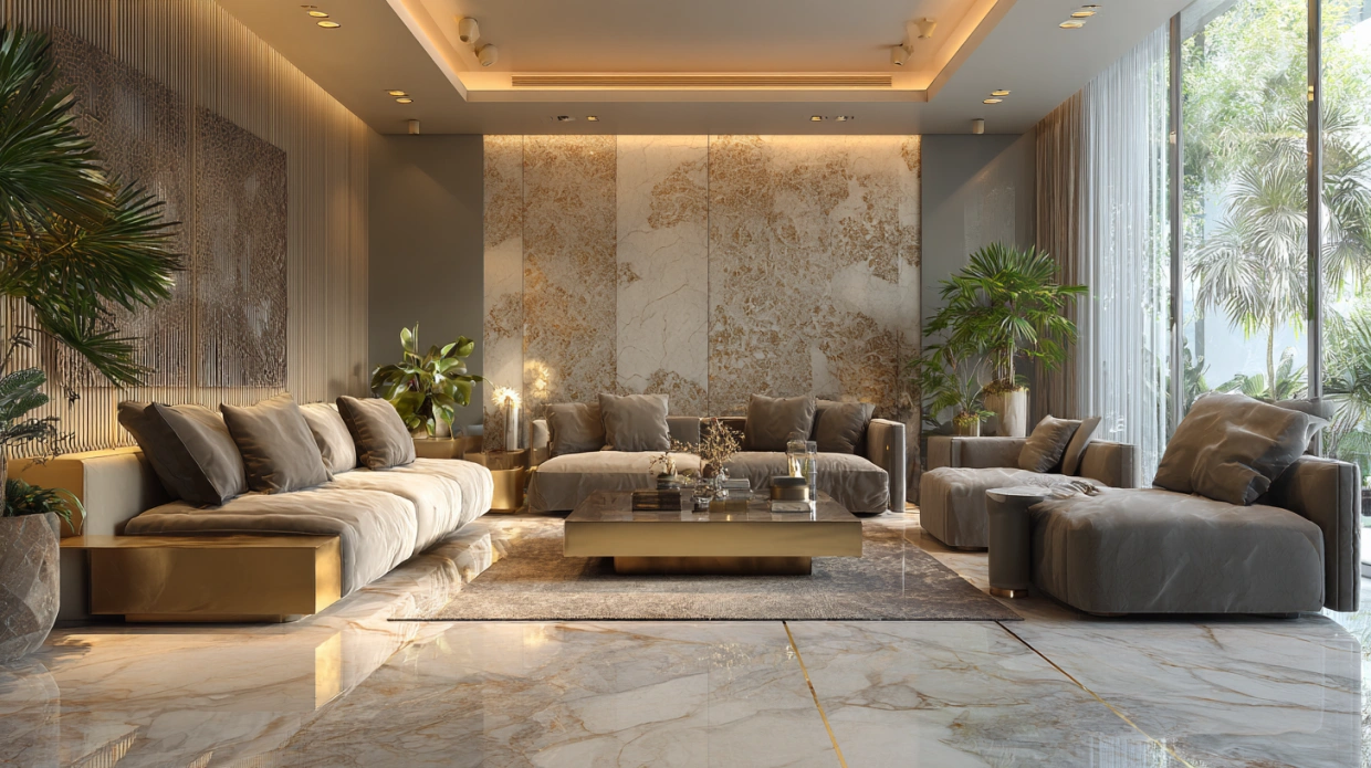Modern luxury living room with designer wallpaper