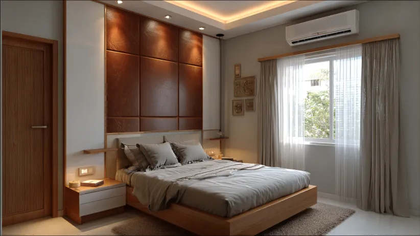 Brown leather panelled bed back wall with integrated spotlighting