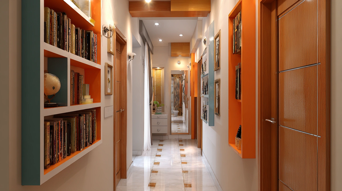 Slim wall bookshelf setup in narrow flat corridor