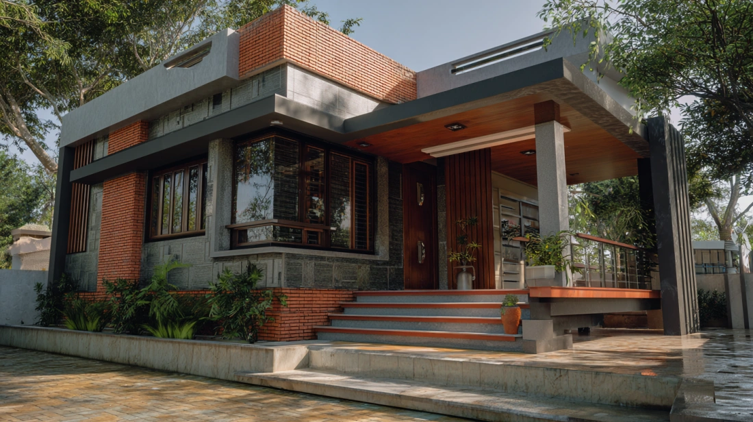 Single-story house built on a raised plinth foundation