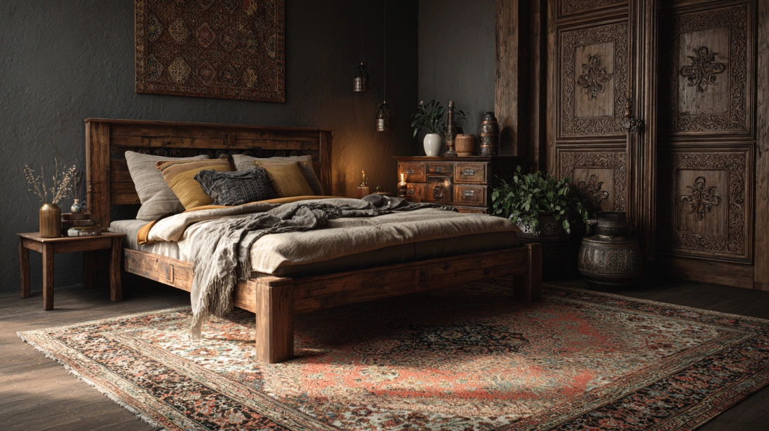 Light brown ornate rug suits traditional Indian bedroom theme