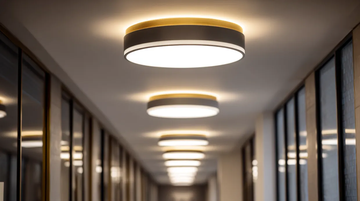 ceiling LED lights illuminating a hallway pathway with warm, focused lighting