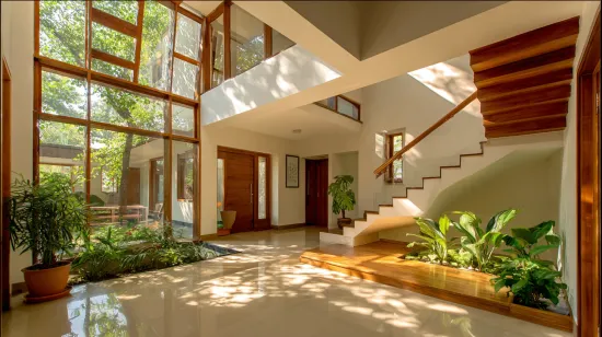 Modern house interior with staircase and large glass windows