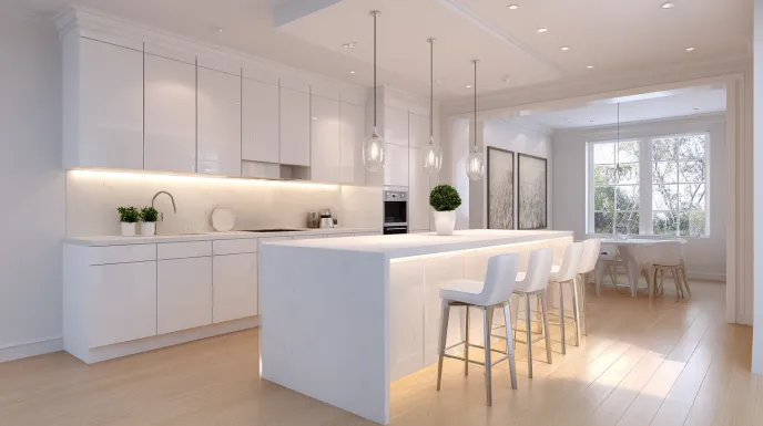 modern white kitchen with peninsula design and pendant lights