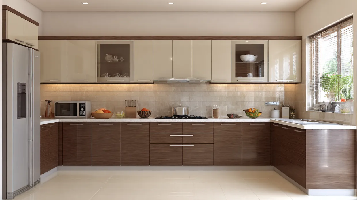 modern kitchen with light and dark brown cabinet colour combination and wood grain finish