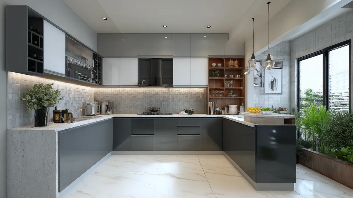 modern kitchen with light grey and dark grey cabinet colour combination and matte finish