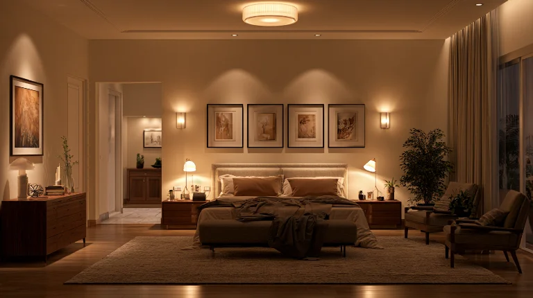 Layered lighting in bedroom