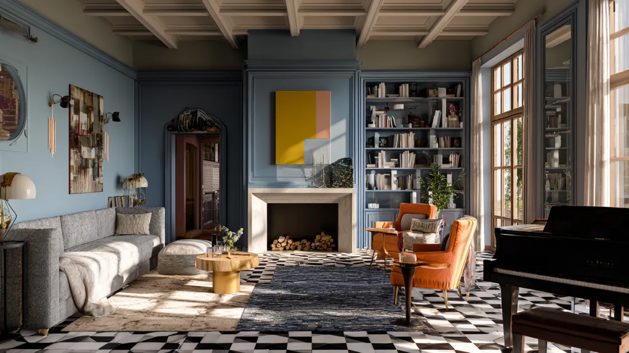 Eclectic interior design with warm lighting