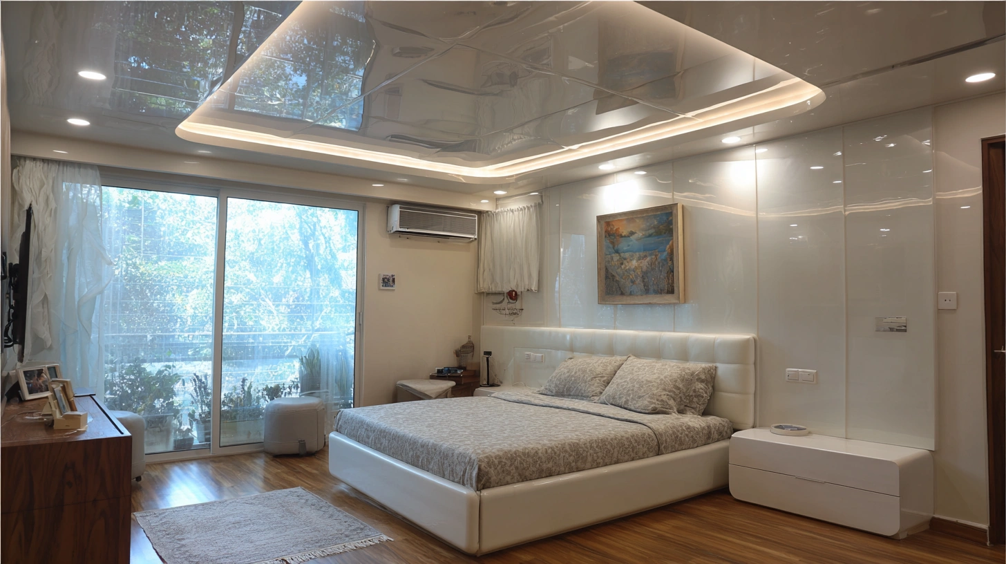 Backlit PVC ceiling panels with warm LED glow in bedroom
