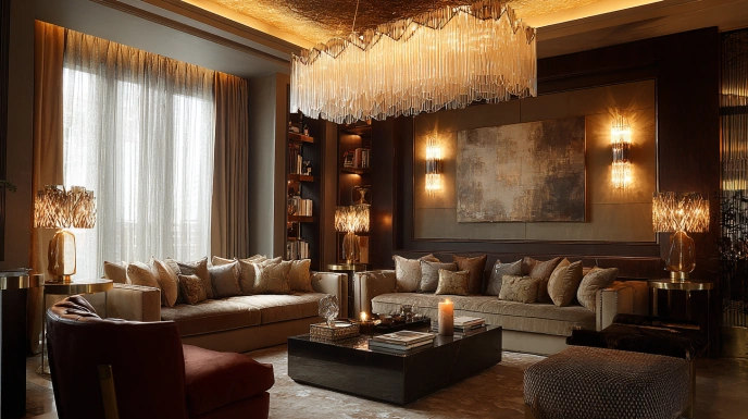 Art Deco chandelier and brass lighting