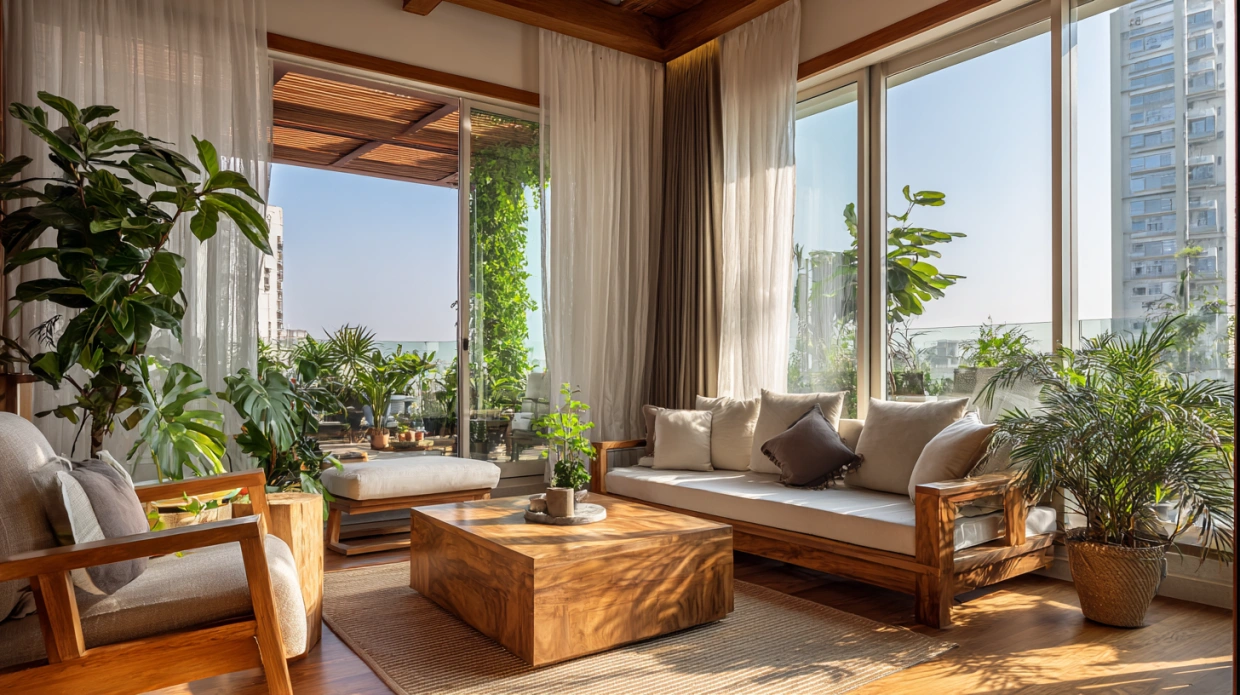 Earthy biophilic colours in living room