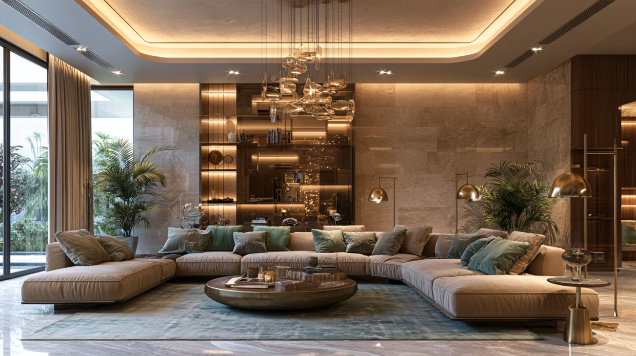 Layered lighting in luxury living room