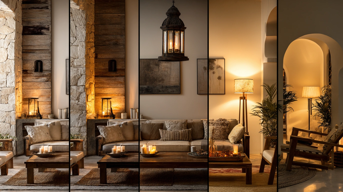 Split image showcasing five distinct lamp designs