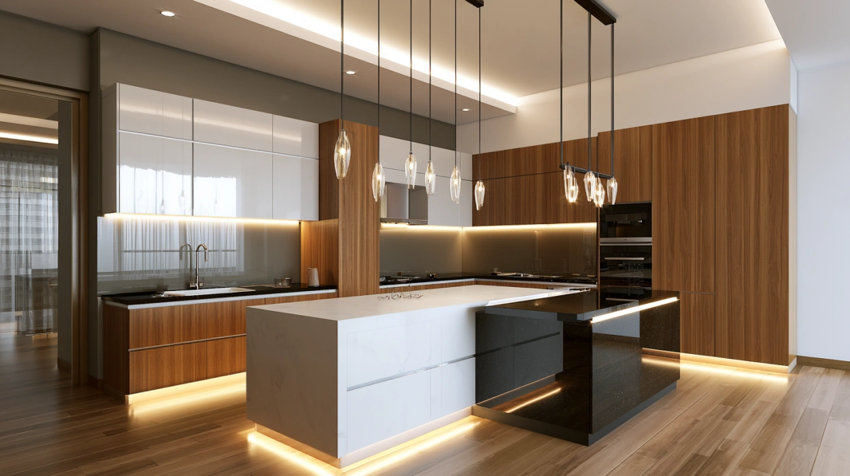 Modern Indian kitchen with lighting for quartz and granite countertops