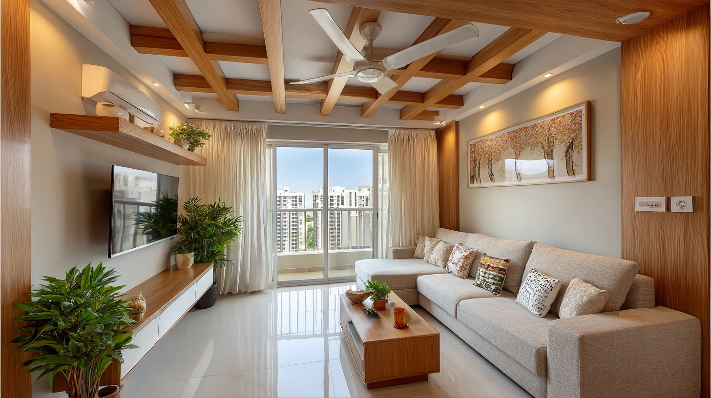 Exposed timber beam ceiling structuring long narrow room