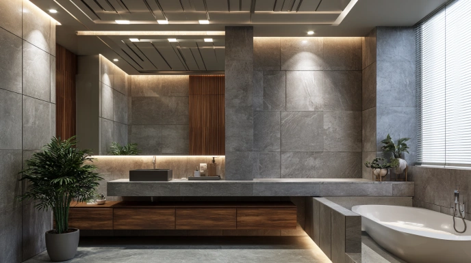 Linear groove ceiling design in contemporary bathroom