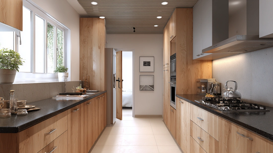 Parallel linear batten ceiling over modern galley kitchen