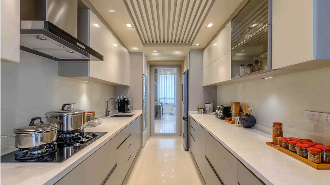 Long narrow kitchen with linear recessed lighting fixtures