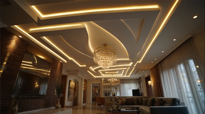Living room ceilings with layered designs and lighting for a premium look.