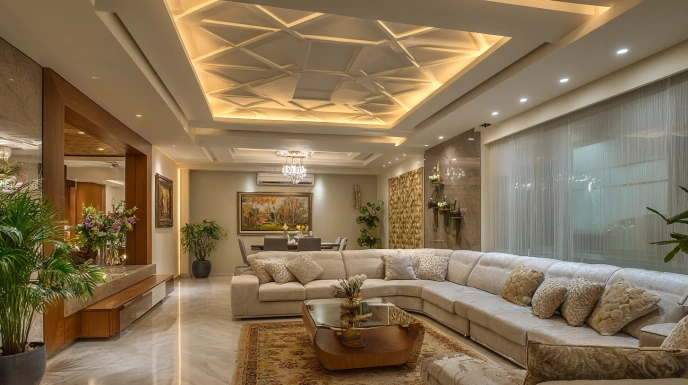 Living room with modern gypsum false ceiling
