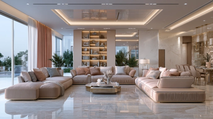 Large-format marble flooring in living room
