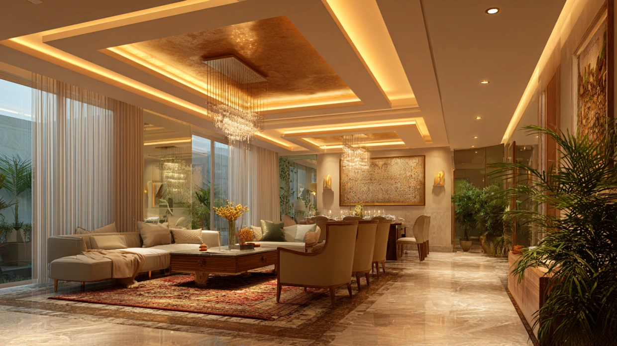 Living room POP ceiling with layered lighting