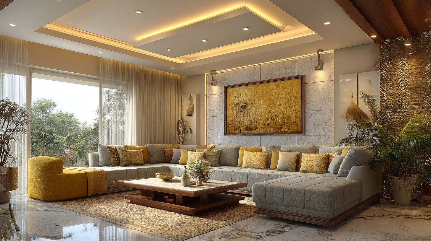 Living room POP ceiling with layered lighting
