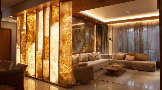 Backlit plywood partition with glass inserts