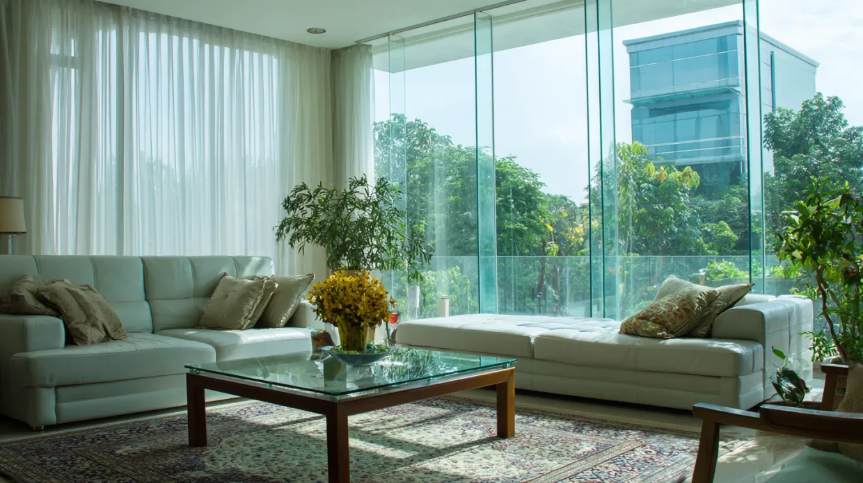 large living room window with clear glass panels and sleek frame