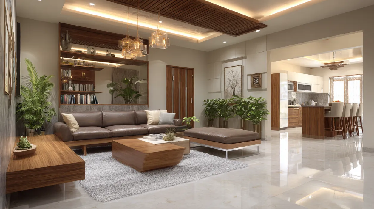 Open plan living room with leather sofa and wood slats.