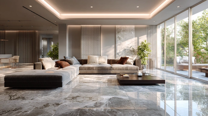 Granite flooring adds elegance and durability to living room interiors.