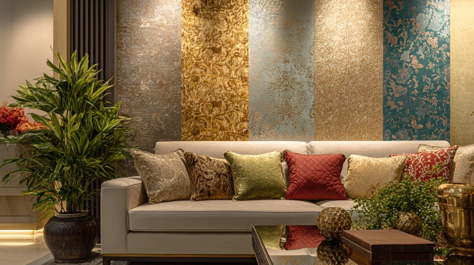 Living room wallpaper styles and finishes display