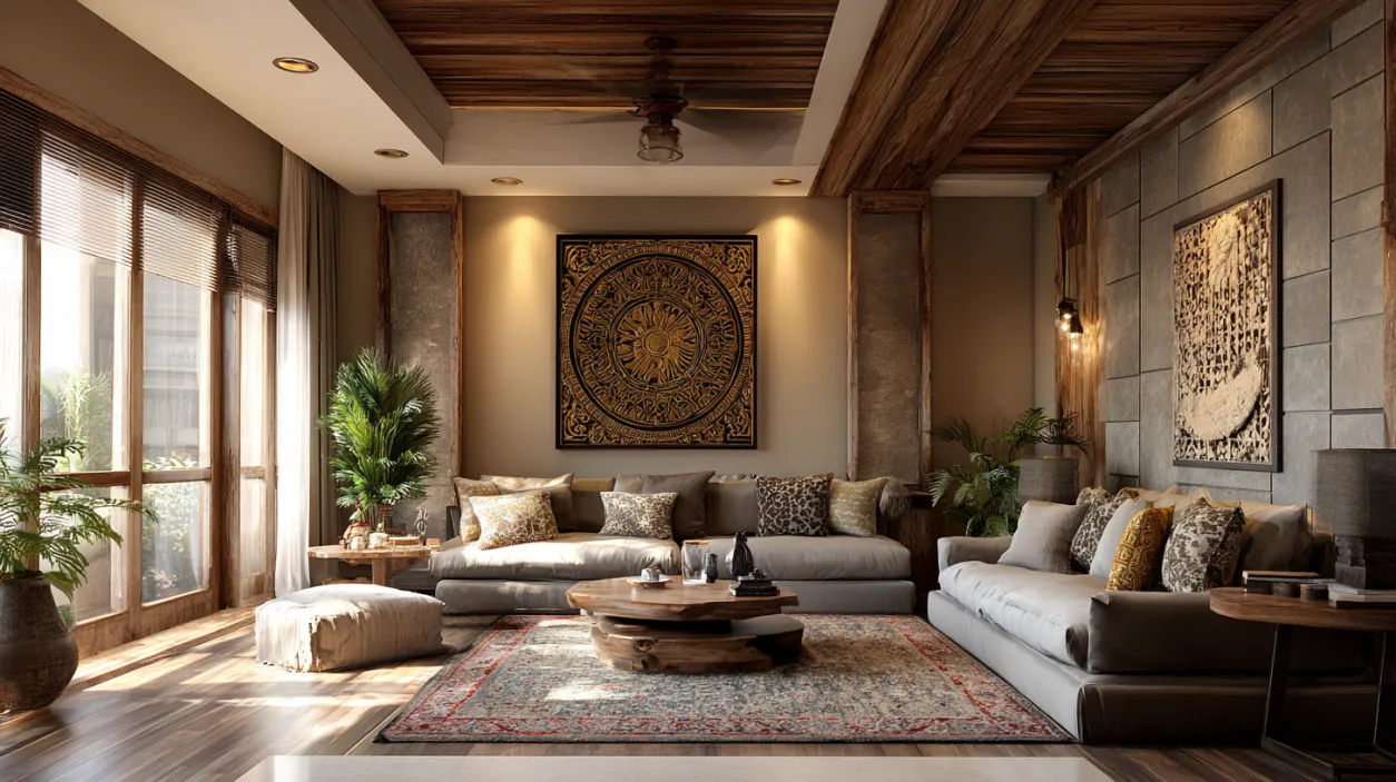 Rustic living room design with warm wooden ceilings
