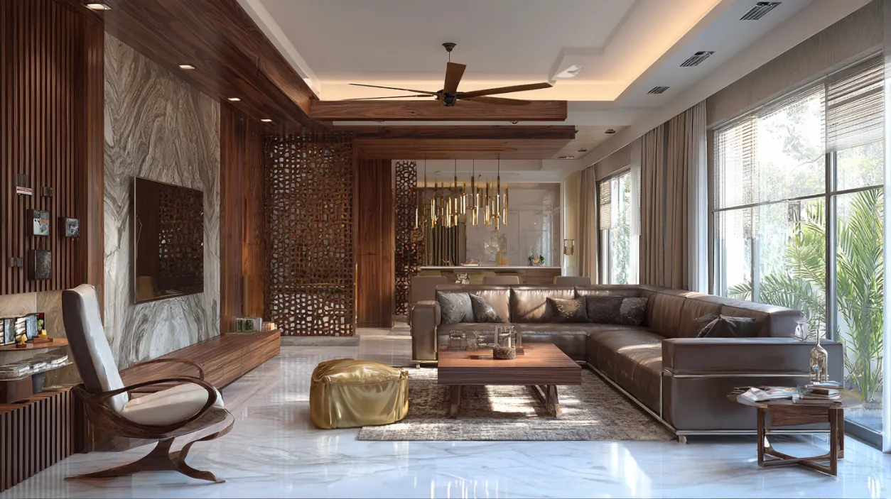 High-end living room design with marble and wood