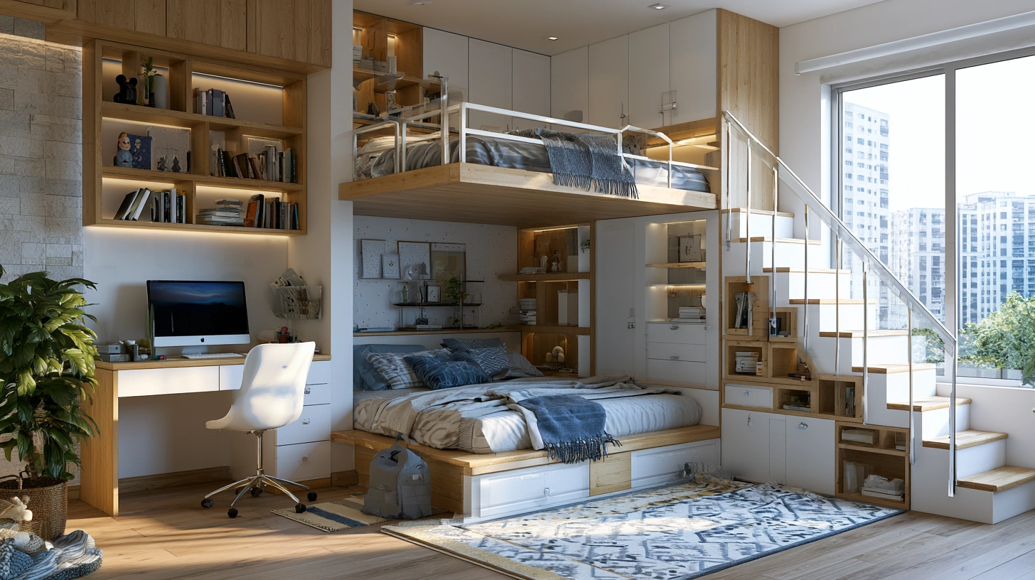 Open shelves create visual lightness while keeping books and essentials within easy reach.