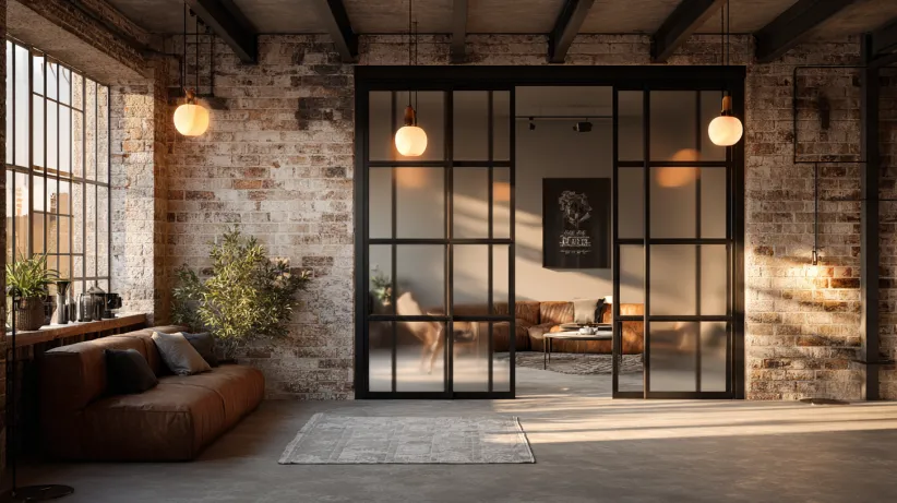 Industrial loft-style glass and metal panel door design