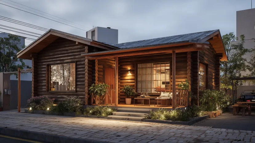 Rustic log cabin with warm lighting and wooden porch