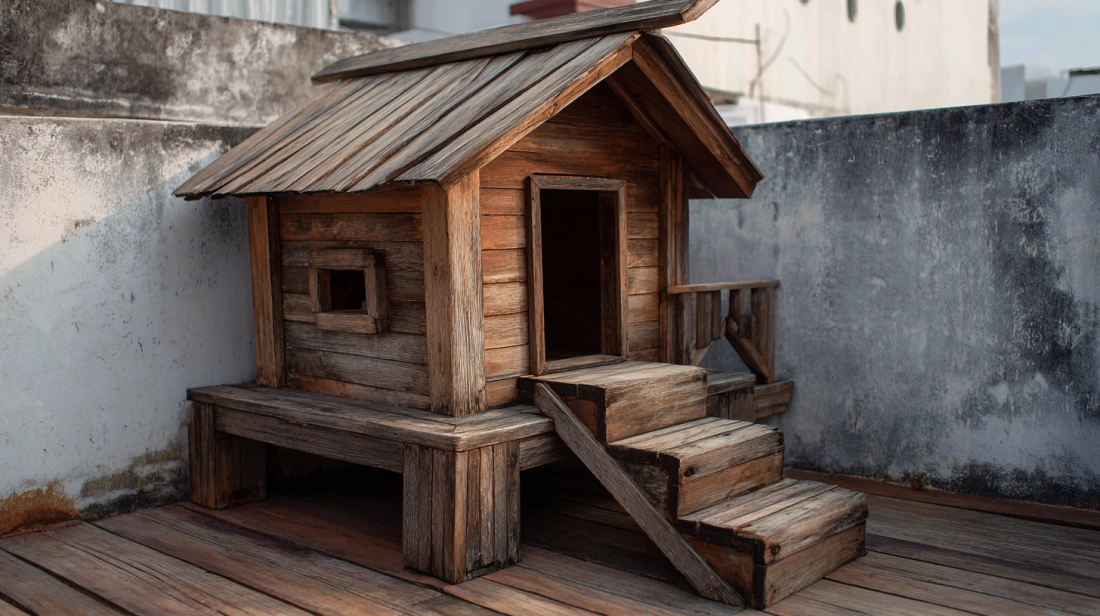 Log cabin style elevated dog house on terrace
