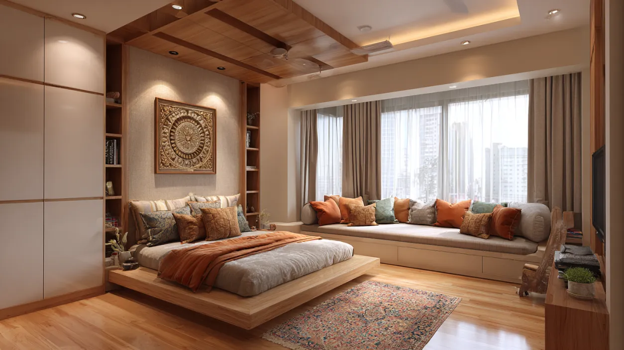 Low-budget bedroom with platform bed and warm lighting.