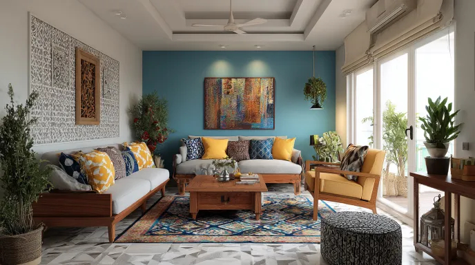 Vibrant 2 BHK living room low-budget interior design.