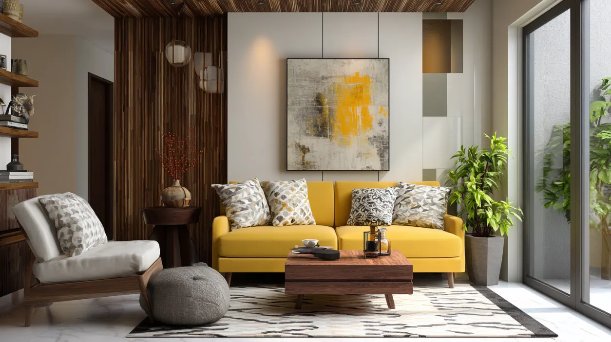 Bright low-budget interior design for bedroom and lounge.