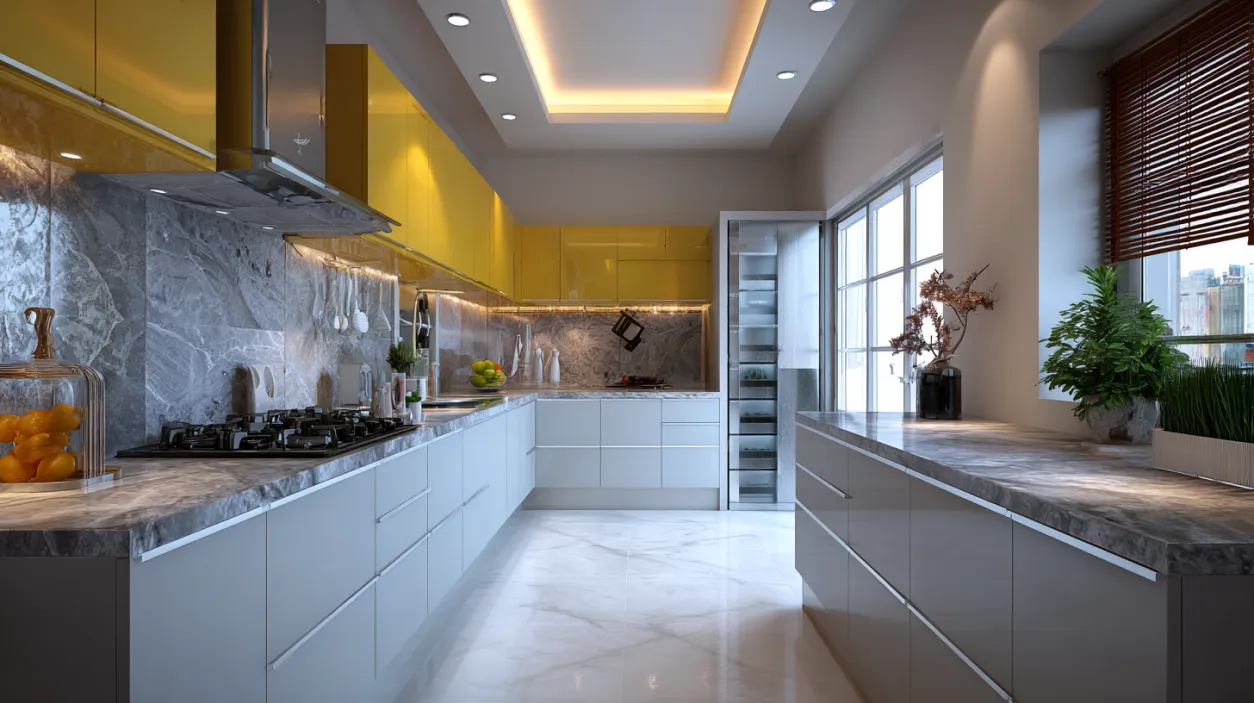 Vibrant low budget kitchen interior design with yellow cabinets.