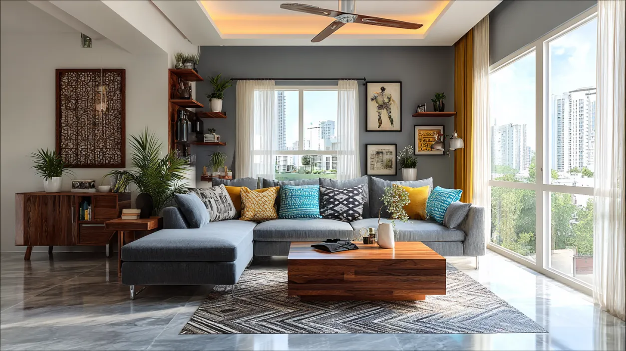 Low-budget room design with grey sectional sofa and art.