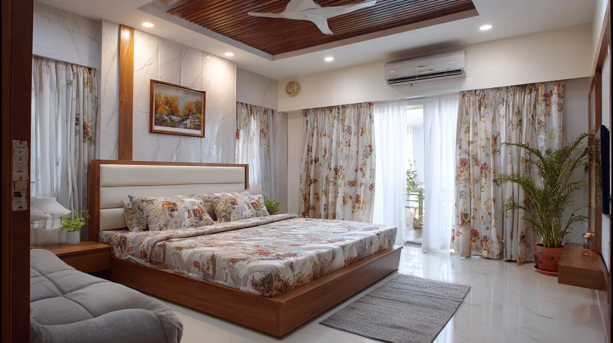 Low-budget room design with printed curtains and bedding.