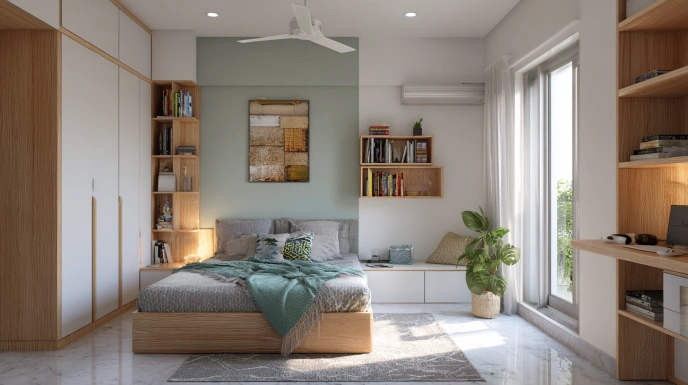Low-budget bedroom with smart space-saving design
